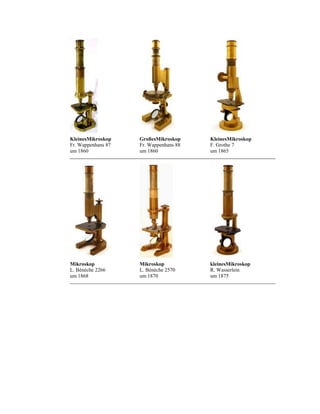 KleinesMikroskop
Fr. Wappenhans 87
um 1860

GroßesMikroskop
Fr. Wappenhans 88
um 1860

KleinesMikroskop
F. Grothe 7
um 1865

Mikroskop
L. Bénèche 2266
um 1868

Mikroskop
L. Bénèche 2570
um 1870

kleinesMikroskop
R. Wasserlein
um 1875

 