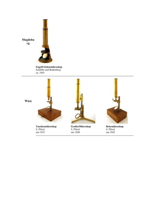 Magdebu
rg

Engell'sSalonmikroskop
Schäffer und Budenberg
ca. 1865

Wien

Taschenmikroskop
S. Plössl
um 1835

GroßesMikroskop
S. Plössl
um 1840

Reisemikroskop
S. Plössl
um 1845

 