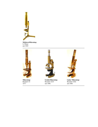 MittleresMikroskop
S. Plössl
um 1845

Mikroskop
Reichert 33
1877

GroßesMikroskop
Reichert 3233
um 1886

Labor Mikroskop
Reichert 3292
um 1886

 