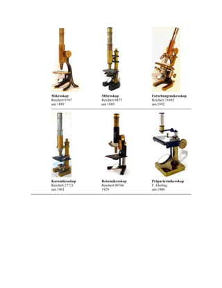 Mikroskop
Reichert 6787
um 1889

Mikroskop
Reichert 6877
um 1889

Forschungsmikroskop
Reichert 11692
um 1892

Kursmikroskop
Reichert 27721
um 1903

Reisemikroskop
Reichert 90766
1929

Präpariermikroskop
F. Ebeling
um 1900

 