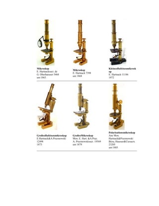 Mikroskop
E. Hartnacksucr. de
G. Oberhaeuser 5468
um 1865

Mikroskop
E. Hartnack 7398
um 1868

KleinesHufeisenmikrosk
op
E. Hartnack 11186
1872

GroßesHufeisenmikroskop
E.Hartnack&A.Prazmowski
12498
1873

GroßesMikroskop
Mon. E. Hart. &A.Praz.
A. Prazmowskisucr. 19569
um 1879

Polarisationsmikroskop
Ane Mon.
Hartnack&Prazmowski
Bézu, Hausser&Ciesucrs.
23205
um 1885

 