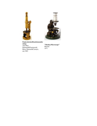 PankratischesDissektionsmikr
oskop
"MonkeyMicroscope"
Ane Mon.
Moreau
Hartnack&Prazmowski
1871
Bézu, Hausser&Ciesucrs.
um 1885

 