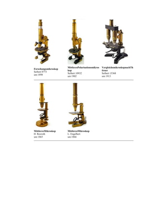 Forschungsmikroskop
Seibert 8773
um 1898

MittleresPolarisationsmikros
kop
Seibert 10932
um 1902

MittleresMikroskop
H. Rexroth
um 1865

MittleresMikroskop
L. Engelbert
um 1866

VergleichsmikroskopnachTh
örner
Seibert 15368
um 1913

 