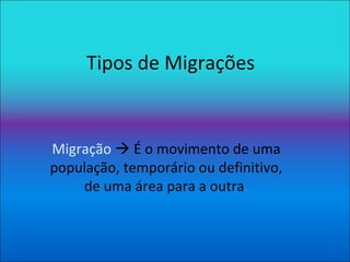 Tipos de Migrações Migração     É o movimento de uma população, temporário ou definitivo, de uma área para a outra . 