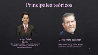 15
Principales teóricos
Sergio Tobón
30/11/-
“Las competencias son procesos de actuación
frente a actividades y problemas de un
determinado contexto…”
José Gimeno Sacristán
-
“Educar para la vida es educar para un
mundo en el que nada nos es ajeno”
 