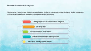 Patrones de modelos de negocio
Modelos de negocio que tienen características similares, organizaciones similares de los diferentes
módulos del modelo de negocio o comportamientos similares
 