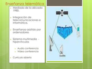 Enseñanza telemática


Mediada de la década
1980.



Integración de
telecomunicaciones e
informática.



Enseñanza asistido por
ordenadores



Sistema multimedia hipervínculos





Audio conferencia
Video conferencia

Currículo abierto

Enseñanza
telemática

 