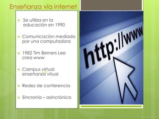 Enseñanza vía internet


Se utiliza en la
educación en 1990



Comunicación mediado
por una computadora



1982 Tim Berners Lee
crea www



Campus virtual
enseñanza vitual



Redes de conferencia



Sincronía – asincrónica

 