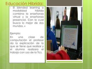 Educación Hibrida:
•

El blended learning o
modalidad
híbrida
combina la enseñanza
virtual y la enseñanza
presencial. Con lo cual
busca lo mejor de dos
mundos. 4

Ejemplo:
En
una
clase
de
computación el profesor
da la explicación de lo
que se tiene que realizar y
el alumno realizara el
trabajo con uso de la Tics.

 