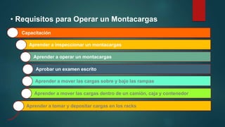 • Requisitos para Operar un Montacargas
Capacitación
Aprender a inspeccionar un montacargas
Aprender a operar un montacargas
Aprobar un examen escrito
Aprender a mover las cargas sobre y bajo las rampas
Aprender a mover las cargas dentro de un camión, caja y contenedor
Aprender a tomar y depositar cargas en los racks
 