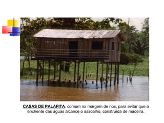 CASAS DE PALAFITA, comum na margem de rios, para evitar que a
enchente das águas alcance o assoalho, construída de madeira.
 