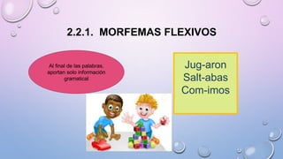 2.2.1. MORFEMAS FLEXIVOS
Al final de las palabras,
aportan solo información
gramatical
Jug-aron
Salt-abas
Com-imos
 