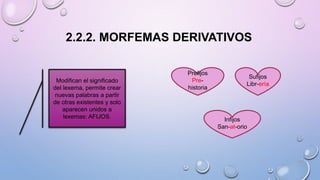 2.2.2. MORFEMAS DERIVATIVOS
Modifican el significado
del lexema, permite crear
nuevas palabras a partir
de otras existentes y solo
aparecen unidos a
lexemas: AFIJOS.
Prefijos
Pre-
historia
Infijos
San-at-orio
Sufijos
Libr-ería
 