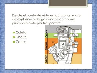 Desde el punto de vista estructural un motor
de explosión o de gasolina se compone
principalmente por tres partes:
 Culata

 Bloque
 Carter

 