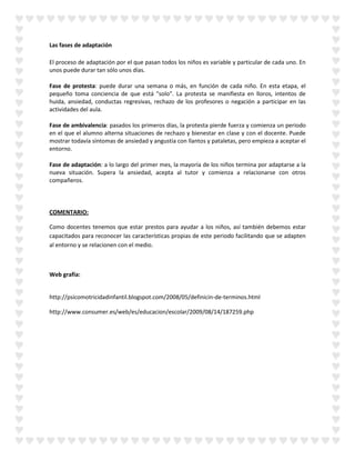 Las fases de adaptación
El proceso de adaptación por el que pasan todos los niños es variable y particular de cada uno. En
unos puede durar tan sólo unos días.
Fase de protesta: puede durar una semana o más, en función de cada niño. En esta etapa, el
pequeño toma conciencia de que está "solo". La protesta se manifiesta en lloros, intentos de
huida, ansiedad, conductas regresivas, rechazo de los profesores o negación a participar en las
actividades del aula.
Fase de ambivalencia: pasados los primeros días, la protesta pierde fuerza y comienza un periodo
en el que el alumno alterna situaciones de rechazo y bienestar en clase y con el docente. Puede
mostrar todavía síntomas de ansiedad y angustia con llantos y pataletas, pero empieza a aceptar el
entorno.
Fase de adaptación: a lo largo del primer mes, la mayoría de los niños termina por adaptarse a la
nueva situación. Supera la ansiedad, acepta al tutor y comienza a relacionarse con otros
compañeros.
COMENTARIO:
Como docentes tenemos que estar prestos para ayudar a los niños, así también debemos estar
capacitados para reconocer las características propias de este periodo facilitando que se adapten
al entorno y se relacionen con el medio.
Web grafía:
http://psicomotricidadinfantil.blogspot.com/2008/05/definicin-de-terminos.html
http://www.consumer.es/web/es/educacion/escolar/2009/08/14/187259.php
 
