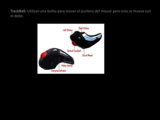 TrackBall: Utilizan una bolita para mover el puntero del mouse pero esta se mueve con
el dedo.
 