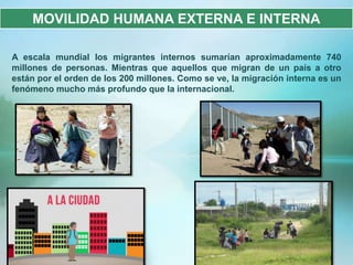 MOVILIDAD HUMANA EXTERNA E INTERNA

A escala mundial los migrantes internos sumarían aproximadamente 740
millones de personas. Mientras que aquellos que migran de un país a otro
están por el orden de los 200 millones. Como se ve, la migración interna es un
fenómeno mucho más profundo que la internacional.
 
