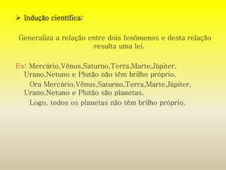  Indução científica: 
Generaliza a relação entre dois fenômenos e desta relação 
resulta uma lei. 
Ex: Mercúrio,Vênus,Saturno,Terra,Marte,Júpiter, 
Urano,Netuno e Plutão não têm brilho próprio. 
Ora Mercúrio,Vênus,Saturno,Terra,Marte,Júpiter, 
Urano,Netuno e Plutão são planetas. 
Logo, todos os planetas não têm brilho próprio. 
 