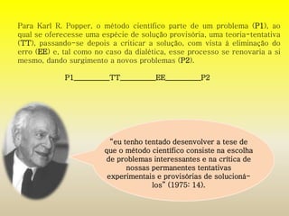 Para Karl R. Popper, o método científico parte de um problema (P1), ao 
qual se oferecesse uma espécie de solução provisória, uma teoria-tentativa 
(TT), passando-se depois a criticar a solução, com vista à eliminação do 
erro (EE) e, tal como no caso da dialética, esse processo se renovaria a si 
mesmo, dando surgimento a novos problemas (P2). 
P1__________TT__________EE__________P2 
“eu tenho tentado desenvolver a tese de 
que o método científico consiste na escolha 
de problemas interessantes e na crítica de 
nossas permanentes tentativas 
experimentais e provisórias de solucioná-los” 
(1975: 14). 
 