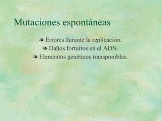 Mutaciones espontáneas Errores durante la replicación. Daños fortuitos en el ADN. Elementos genéticos transponibles. 