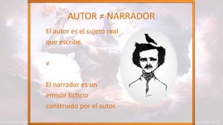 AUTOR ≠ NARRADOR
El autor es el sujeto real
que escribe.
≠
El narrador es un
emisor ficticio
construido por el autor.
 