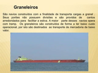 Graneleiros
São navios construídos com a finalidade de transporta cargas a granel .
Seus porões não possuem divisões e são providos de cantos
arredondados para facilitar a estiva. A maior parte desses navios opera
com tramp. Os graneleiros são construídos de forma a ter baixo custo
operacional, por isto são destinados ao transporte de mercadoria de baixo
valor.
 