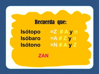 Recuerda que:
Isótopo =Z # A y n
Isóbaro =A # Z y n
Isótono =N # A y Z
ZAN
 