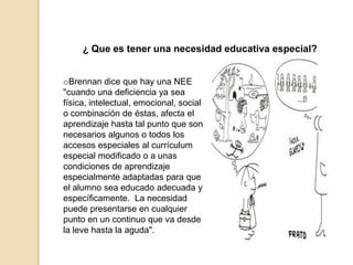 ¿ Que es tener una necesidad educativa especial?


oBrennan dice que hay una NEE
"cuando una deficiencia ya sea
física, intelectual, emocional, social
o combinación de éstas, afecta el
aprendizaje hasta tal punto que son
necesarios algunos o todos los
accesos especiales al currículum
especial modificado o a unas
condiciones de aprendizaje
especialmente adaptadas para que
el alumno sea educado adecuada y
específicamente. La necesidad
puede presentarse en cualquier
punto en un continuo que va desde
la leve hasta la aguda".
 