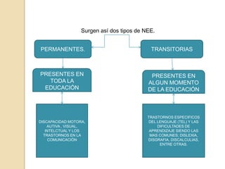 Surgen así dos tipos de NEE.


PERMANENTES.                                TRANSITORIAS



PRESENTES EN                                PRESENTES EN
   TODA LA                                 ALGUN MOMENTO
 EDUCACIÓN                                 DE LA EDUCACIÓN



                                           TRASTORNOS ESPECIFICOS
DISCAPACIDAD MOTORA,                        DEL LENGUAJE (TEL) Y LAS
    AUTIVA , VISUAL,                            DIFICULTADES DE
   INTELCTUAL Y LOS                         APRENDIZAJE SIENDO LAS
  TRASTORNOS EN LA                          MAS COMUNES; DISLEXIA,
     COMUNICACIÓN                          DISGRAFIA, DISCALCULIAS,
                                                 ENTRE OTRAS.
 