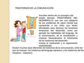 TRASTORNOS DE LA COMUNICACIÓN


                             Inscriben dentro de un concepto más
                             amplio llamado TRASTORNOS DEL
                             DESARROLLO, que son una categoría
                             de los problemas de salud mental que
                             comprende a los niños que tienen
                             dificultades para alcanzar las funciones
                             tempranas del desarrollo, como por
                             ejemplo las habilidades del lenguaje, de
                             la comunicación, de la socialización y
                             motoras. Generalmente, el tratamiento
                             de los trastornos del desarrollo
                             incluye la medicación y la capacitación
                             especializada
Existen muchos tipos diferentes de trastornos de la comunicación, entre los
que se incluyen: los trastornos del lenguaje expresivo y los trastornos del leng
receptivo – expresivo.
 