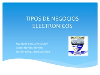 TIPOS DE NEGOCIOS
ELECTRÓNICOS
Realizado por: Lorena Llibri
Curso: Noveno Turismo
Docente: Ing. José Luis Erazo