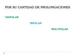 POR SU CANTIDAD DE PROLONGACIONES
*UNIPOLAR
*BIPOLAR
*MULTIPOLAR
 