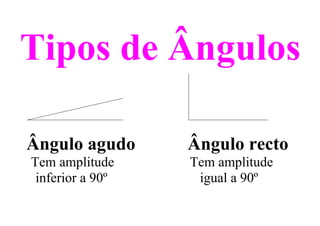 Tipos de Ângulos
Ângulo agudo Ângulo recto
Tem amplitude Tem amplitude
inferior a 90º igual a 90º
 