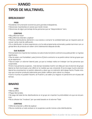 XANGO
TIPOS DE MULTINIVEL

BREAKAWAY
        PROS
• Excelente remuneración económica para grandes trabajadores.
• Ganancias importantes en socios que recién inician.
• Ganancias de algún porcentaje de las personas que se “desprendieron” de ti.

        CONTRAS
• Muy difícil de hacer
• Muy difícil de entender y explicar
• Muchos distribuidores alentarán a sus socios a comprar la cantidad total que se requiera para al-
canzar cierto nivel de calificación.
• Si un distribuidor no tiene experiencia y no ha sido propiamente entrenado; pueden terminar con un
garaje lleno de producto sin saber cómo deshacerse después de ello.

         QUE BUSCAR
• Compresión (no importa los inactivos, te sube el volumen) de lo contrario se puede perder un ingreso
significativo.
• Que te exijan una frontalidad justa (mínimo 2) de lo contrario no se podrá cobrar de los grupos que
ya se separaron.
• Que te exijan un volumen lateral justo, ya que tu trabajo radica en trabajar con las personas que
auspiciaste.
• Entre mas personas auspicies , más tiempo necesitas invertir con ellas por eso el volumen de grupo
lateral es fácil al principio y tan difícil en la medida que vas creciendo. Si se te exige mucho volumen
lateral los empresarios no podrán obtenerlo y obvio que no cobrarán del trabajo hecho. Puede inclu-
sive que compren producto solamente para poder calificar para cobrar su cheque.
• Como muchos no pueden hacerlo, se frustran y se salen y tu negocio no perdurará con el paso del
tiempo.



BINARIO
        PROS
• Menos difícil.
• Pagos Semanales.
• Se paga del total de los distribuidores en el grupo sin importar la profundidad a la que se encuen-
tren.
• No te afectan los “incativos” por que está basado en el volumen Total.

          CONTRAS
• Difícil de entender y difícil de explicar.
• Nunca recibirás un solo centavo si no auspicias cuando menos a dos distribuidores.


                                                            libera el poder de las xantonas
 