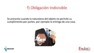 f) Obligación Indivisible
Se presenta cuando la naturaleza del objeto no permite su
cumplimiento por partes, por ejemplo la entrega de una casa.
 