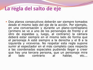 La regla de los 90ºSi en el montaje colocamos consecutivamente dos planos de la misma escala (dos planos medios de un mismo personaje por ejemplo) estos deberán tener una diferencia en el eje de tiro de la cámara de al menos 90º. De lo contrario, al ser planos tan parecidos parecerá que ha habido un corte o al menos un efecto extraño y desagradable para el espectador.
