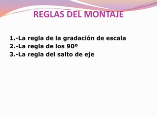 Fundamentos teóricos del montajeEl montaje es el final de un proceso, pero hay que pensar en él prácticamente desde el principio. Como se suele decir hay que "rodar para montar". Esto quiere decir que a la hora de rodar hay que prever todos los planos que nos harán falta después en la mesa de montaje u ordenador. 