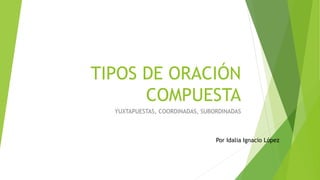 TIPOS DE ORACIÓN
COMPUESTA
YUXTAPUESTAS, COORDINADAS, SUBORDINADAS
Por Idalia Ignacio López
 