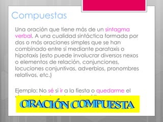 Compuestas
Una oración que tiene más de un sintagma
verbal. A una cualidad sintáctica formada por
dos o más oraciones simples que se han
combinado entre sí mediante parataxis o
hipotaxis (esto puede involucrar diversos nexos
o elementos de relación, conjunciones,
locuciones conjuntivas, adverbios, pronombres
relativos, etc.)
Ejemplo: No sé si ir a la fiesta o quedarme el
viernes a la clase de matemáticas
 