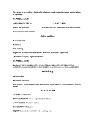 Sin núcleo ni, orgánulos2.- Autótrofos y heterótrofos3.- Bacterias (cocos, bacilos, vibrios
o espirilos)
CLASIFICACIÓN
ARQUEOBACTERIA EUBACTERIAS
Son las más primitivas. Más evolucionadas., Resto de bacterias y micoplasmas
Viven en condiciones extremas
Reino protista
Caracteristica
Eucariotas
Con núcleo y
Orgánulos, Microscópicos Heterótrofos, Vida libre, simbiontes o parásitos
, Protozoos, hongos y algas unicelulares.
CLASIFICACIÓN
ZOOMASTIGINOS, RIZÓPODOS O SARCODINOS, CILIADOS, ESPOROZOOS O
APICOMPLEJOS, OOMICETES EUGLENÓFITOS DIATOMEAS, DIATOMEAS, FEOFITOS
Reino fungi
caracteristica
Eucariontes (célula de
tipo animal), Con núcleo y orgánulos ,Heterótrofos, saprofitos Pared celular de quitina ,hongo y
saetas.
CLASIFICACIÓN
ZIGOMICETOS (mohos)
DEUTEROMICETOS (mohos saprófitos. Penicillium)
ASCOMICETOS (levaduras, trufas)
BASIDIOMICETOS (setas)
LÍQUENES: asociación simbiótica entre un hongo y un
 