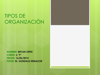 TIPOS DE
ORGANIZACIÓN
NOMBRE: BRYAN ORTIZ
CURSO: 6 “F”
FECHA: 16/06/2014
TUTOR: Dr. GONZALO REMACHE
 