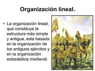 Organización lineal.

• La organización lineal,
  que constituye la
  estructura más simple
  y antigua, esta basada
  en la organización de
  los antiguos ejércitos y
  en la organización
  eclesiástica medieval.
 