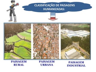 CLASSIFICAÇÃO DE PAISAGENS
HUMANIZADAS:?
PAISAGEM
RURAL
PAISAGEM
URBANA
PAISAGEM
INDUSTRIAL
 