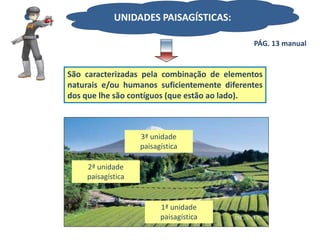 São caracterizadas pela combinação de elementos
naturais e/ou humanos suficientemente diferentes
dos que lhe são contíguos (que estão ao lado).
1ª unidade
paisagística
2ª unidade
paisagística
3ª unidade
paisagística
UNIDADES PAISAGÍSTICAS:?
PÁG. 13 manual
 