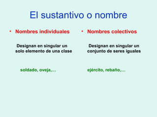 El sustantivo o nombre
• Nombres individuales
Designan en singular un
solo elemento de una clase
soldado, oveja,…
• Nombres colectivos
Designan en singular un
conjunto de seres iguales
ejército, rebaño,…
 