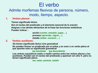 El verbo
Admite morfemas flexivos de persona, número,
modo, tiempo, aspecto.
1. Verbos plenos:
Tienen significado léxico
Son el núcleo del predicado y el elemento esencial de la oración
Asignan a los demás elementos de la frase las funciones sintácticas
Pueden indicar :
acción (cantar, estudiar, jugar,…)
proceso (aprender, lograr,…)
estado (saber, conocer,…)
2. Verbos auxiliares:
No tienen significado léxico sino gramatical
No pueden formar un predicado por sí solos y se unen a un verbo pleno al
que aportan sólo un significado gramatical
he estudiado fue descubierto
Los verbos copulativos están a medio camino entre los verbos plenos y los
auxiliares. Pueden ser el núcleo del predicado y aparecer sin otro V, pero no
tienen significado pleno.
ser, estar, parecer, existir
 