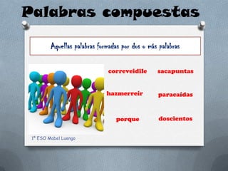 Palabras compuestas

         Aquellas palabras formadas por dos o más palabras

                              correveidile       sacapuntas


                              hazmerreír         paracaídas


                                 porque           doscientos


 1º ESO Mabel Luengo
 