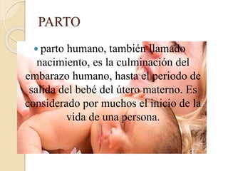 PARTO
 parto humano, también llamado
nacimiento, es la culminación del
embarazo humano, hasta el periodo de
salida del bebé del útero materno. Es
considerado por muchos el inicio de la
vida de una persona.
 