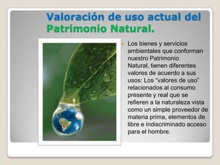 Valoración de uso actual del
Patrimonio Natural.
                Los bienes y servicios
                 ambientales que conforman
                 nuestro Patrimonio
                 Natural, tienen diferentes
                 valores de acuerdo a sus
                 usos: Los “valores de uso”
                 relacionados al consumo
                 presente y real que se
                 refieren a la naturaleza vista
                 como un simple proveedor de
                 materia prima, elementos de
                 libre e indiscriminado acceso
                 para el hombre.
 