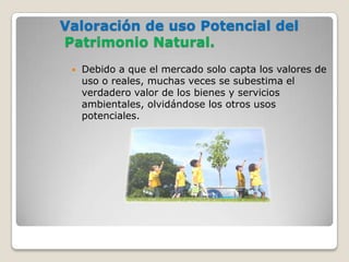 Valoración de uso Potencial del
Patrimonio Natural.
    Debido a que el mercado solo capta los valores de
     uso o reales, muchas veces se subestima el
     verdadero valor de los bienes y servicios
     ambientales, olvidándose los otros usos
     potenciales.
 